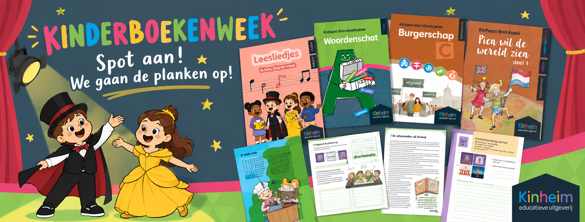 Kinderboekenweek afbeelding met een verkleed jongetje en meisje die in de spotlight staan. Daarnaast afbeelding van werkboeken Leesliedjes, Kerndoeltrainer Woordenschat A, Kerndoeltrainer Burgerschap C en Pein wil de wereld zien deel 1.